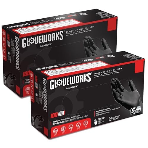 GLOVEWORKS Black Disposable Nitrile Industrial Gloves 5 Mil Latex PowderFree FoodSafe Textured XLarge 2 Boxes of 100